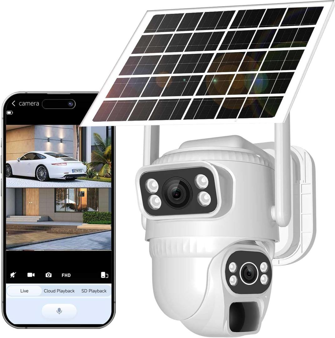 No WiFi Security Camera, 4G LTE Cellular Security Camera, 2K Solar Cellular Cam HD Dual Lens 360 Pan Tilt, Color Night Vision, PIR Motion Detection, IP66 Waterproof with Pre-Installed SIM