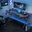 HLDIRECT 40 INCH Gaming Desk with LED Lights, Home Office Gamer Desk, Ergonomic Computer Table with Large Carbon Fiber Desktop, Office Workstation, Cup Holder & Headphone Hook, Black