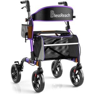 BlessReach Rollator Walkers for Seniors with Seat, Lightweight Aluminum Frame Walkers wiht Seat, 350 lbs Weight Capacity, 8" All-Terrain Wheels, 6-Level Adjustable Height, Purple