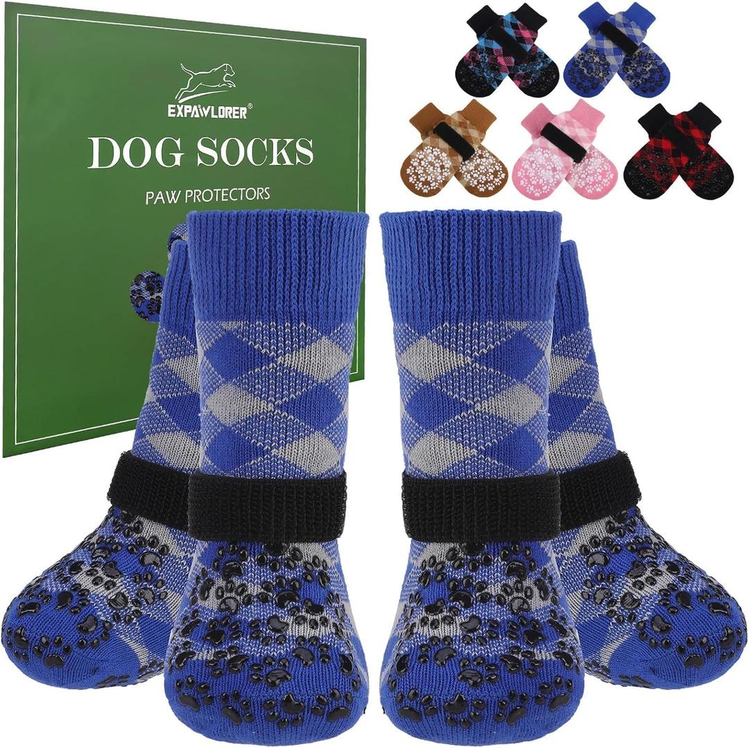EXPAWLORER Dog Socks for Cold Winter Snow to Prevent Licking Paws, Anti Slip Doggie Booties Grippy Shoes for Hardwood Floors, Boots & Paw Protectors for Small Medium Large Senior Dogs Blue M
