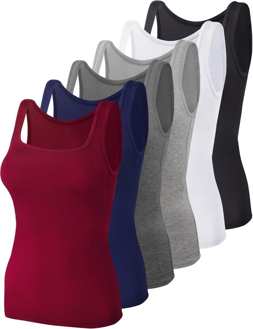 BQTQ 6 Pcs Women's Square Neck Tank Top Sleeveless Undershirt Basic Tank Tops for Women Girls (X-Large, Black, White, Gray, Darkred, Navy, Dark Gray)