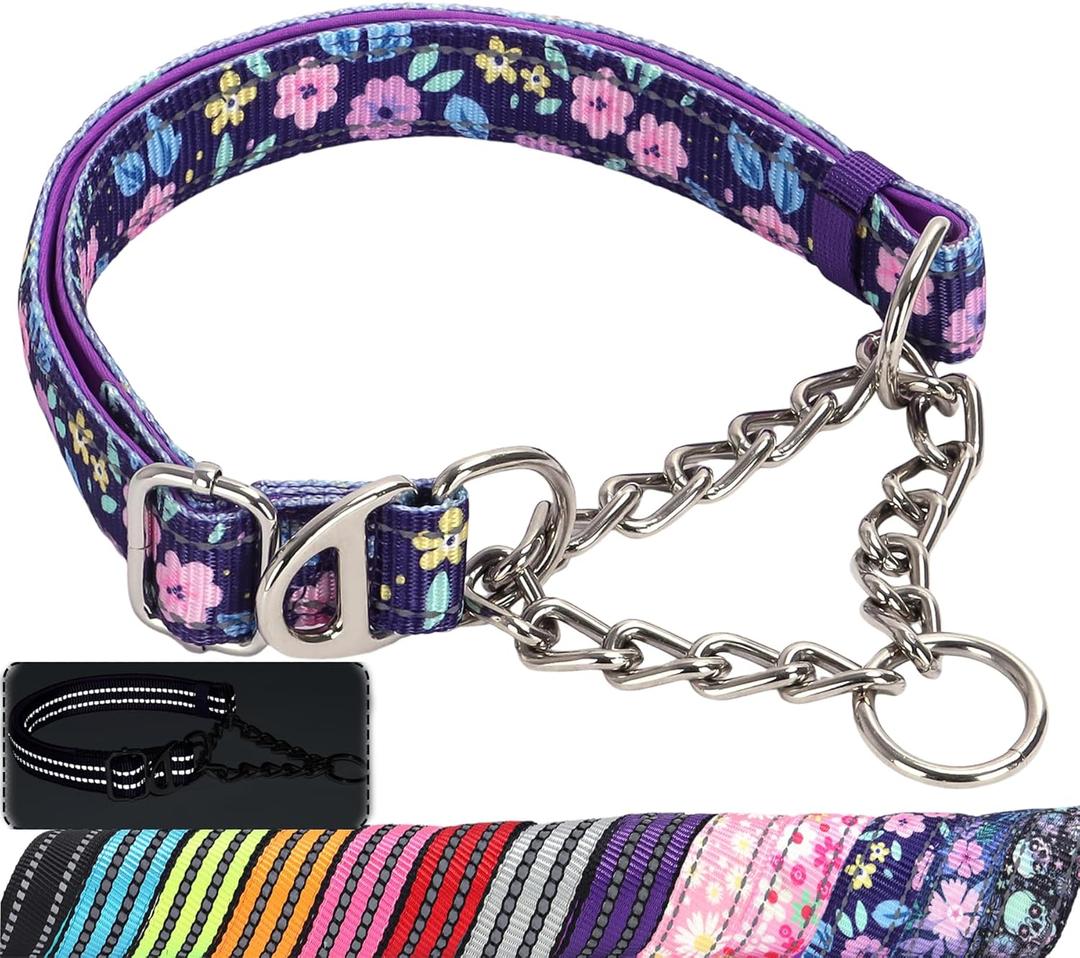 Martingale Dog Collar with Steel Chain, Adjustable Reflective Nylon & Soft Padded - for Medium, Large, XL, XXL Dogs for Training,Walking Pet Collar (Purple Flowers M) (M(Neck12"-17"), 3)