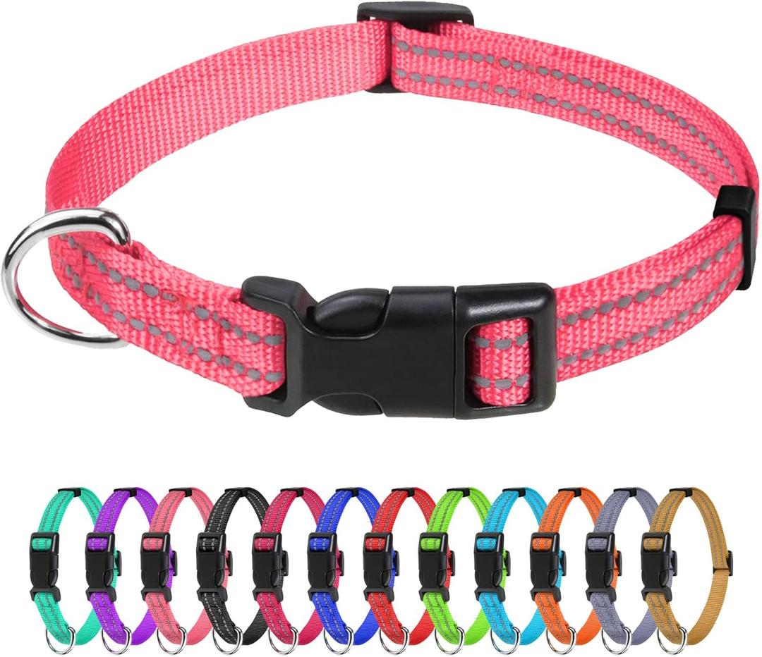 TagME Reflective Nylon Dog Collars, Adjustable Classic Pet Collar with Quick Release Buckle for Puppy, Baby Pink, 3/8" Width (X-Small (Pack of 1))