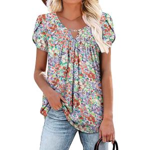 onlypuff Tops for Women Plus Size Summer Outfits Trendy Floral Puffy Short Sleeve T Shirts Chest Pleatings Flower 3XL