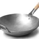 Craft Wok Traditional Hand Hammered Chinese Carbon Steel Wok with Wooden and Steel Helper Handle (14 Inch, Round Bottom Pow Wok Pan) / 731W88