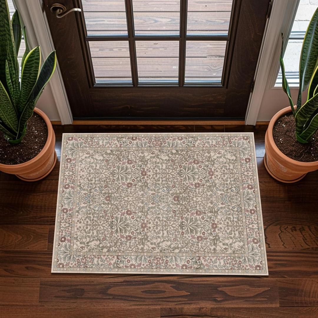 Washable 2x3 Entry Rug, Front Door Rugs Indoor, Vintage Floral Area Rugs for Kitchen, Non-Slip Bathroom Small Rugs, Perfect for Entryway Decor Door Mat (2x3 Moss)
