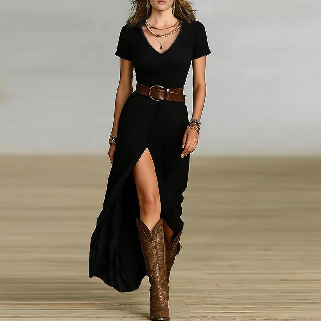 Women's Black Spaghetti Strap V Neck High Slit Bodycon Western Maxi Dress Party Cocktail Gown(No Belt), S