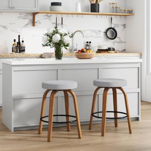 Swivel Bar Stools Set of 2, 24" Counter Height Backless Bar Stools, Fabric Upholstered Seat, Sturdy Curved Wood Legs, Mid-Century Modern Island Stools for Kitchen Bar, Dining Room, Gray