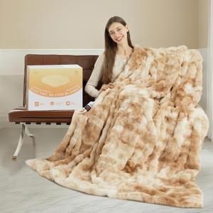 Faux Fur Electric Blanket Twin Size 62"X84" - Bubble Heated Blanket Fluffy Soft Fuzzy with 6 Fast Heating Levels & 10 hrs Timer Settings, Washable & ETL Certified for Office Bed, Tie-Dye Beige