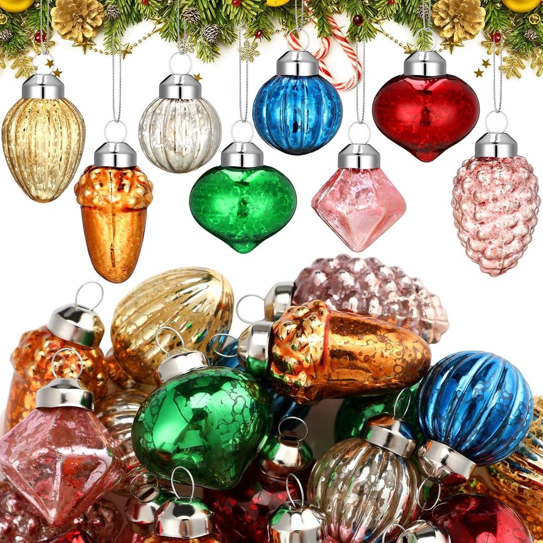 Capoda 32 Pcs Vintage Christmas Ornaments 1.2 Inch Antique Glass Ornaments Vintage Christmas Decorations Mini Retro Tree Balls Decor for Xmas(Classic Shape)