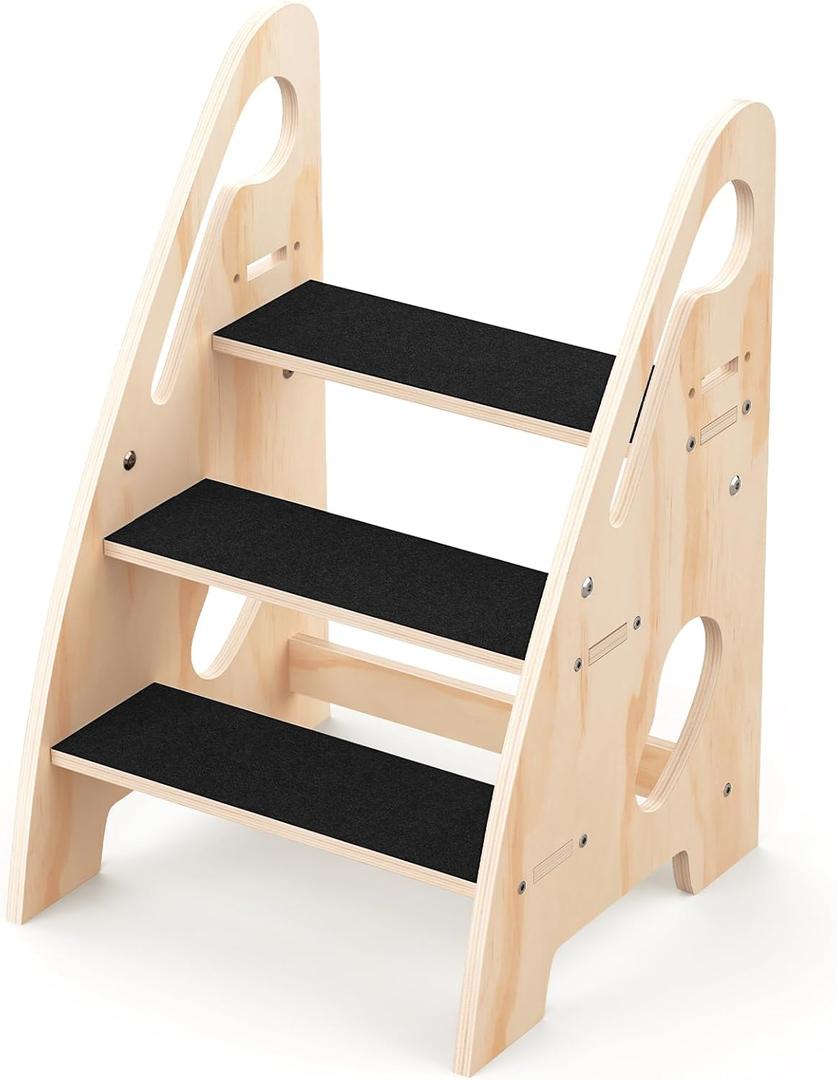 Toddler Step Stool, Wooden Height-Adjustable 3-Step Stool for Kids, Potty Training Stool with Handles and Non-Slip Pads for Bathroom Sink, Kitchen, Bedroom (X-Large)