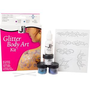 Jacquard Glitter Body Art Kit - Complete Glitter Tattoo Kit for Kids and Adults - Temporary Glitter Tattoos for Parties or Events - Glitter Tattoo Stencils 3 Jars of Glitter, Adhesive, & Instructions