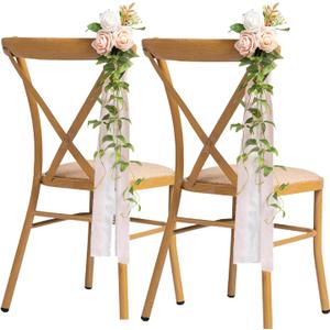 Meldel Wedding Chair Decorations Set of 10 Aisle Artificial Flowers White Pink Rose Garland with Hanging Ribbons for Ceremony Reception Church Pew Arrangement Party Aisle Decor