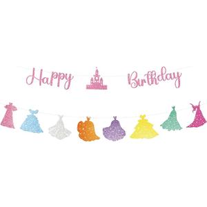 Princess Birthday Party Decorations Include 1pc Glitter Happy Birthday Banner,1pc Princess Banner and 14pcs Cute Hanging Swirls for Girls, Pre-Assembled Party Decorations