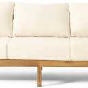 Burchett Outdoor 3 Seater Sofa with Cushions - Acacia Wood and Round Wicker - Teak/Mixed Brown/Beige