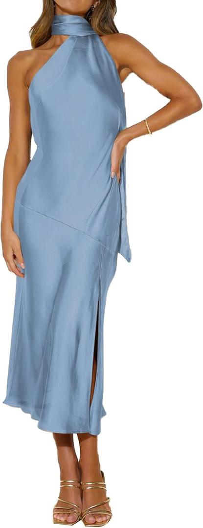 Sexyshine Women's Elegant Halter Tie Neck Sleeveless Satin Long Dress Backless Split Cocktail Party Formal Wedding Maxi Dress (Blue) S