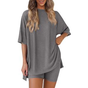 PRETTYGARDEN Women's Two Piece Lounge Set 2025 Summer Casual Oversized Shirts Biker Shorts Matching Airport Travel Outfit (Large, Dark Grey)