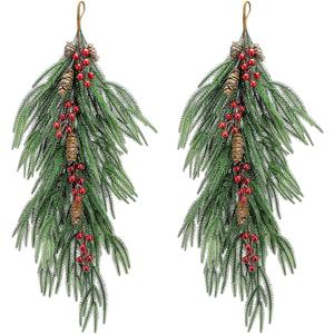 2 Pcs Artificial Christmas Teardrop Swag with Berries and Pinecones, Faux Berry Pine Branch Teardrop Door Swag, Real Touch Norfolk Wreath Greenery Staircase Swags for Xmas Door Mantle Fireplace Decor