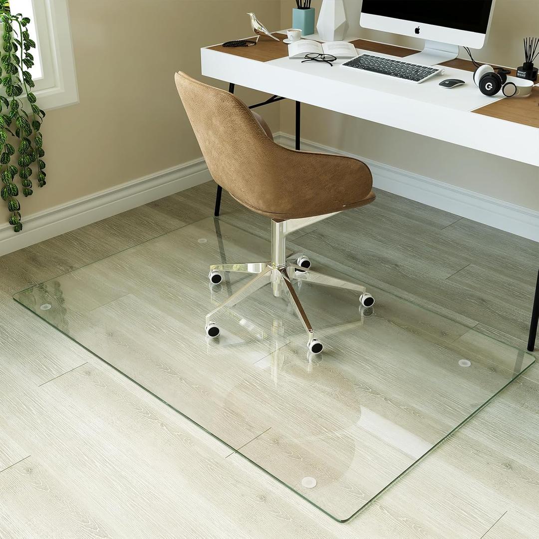 Koonmi Tempered Glass Chair Mat for Hardwood Floors & Carpets, 30" x 48 Transparent Heavy Duty Office Floor Protector with Noise-Free Gliding Shatterproof for Home Office Desk
