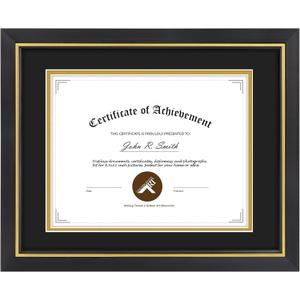 11x14 Diploma Frame Black with Gold Trim - Display 8.5x11 Diploma with Black Over Gold Double Mat Or 11x14 Certificate without Mat - Soild Wood with Tempered Glass - Horizontal Or Vertical Display - 1 Pack