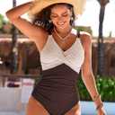 Pink Queen Women One Piece Swimsuit 2026 Patchwork Twist Front V Neck Ruched Tummy Control Swimwear Bathing Suits (Brown, M)