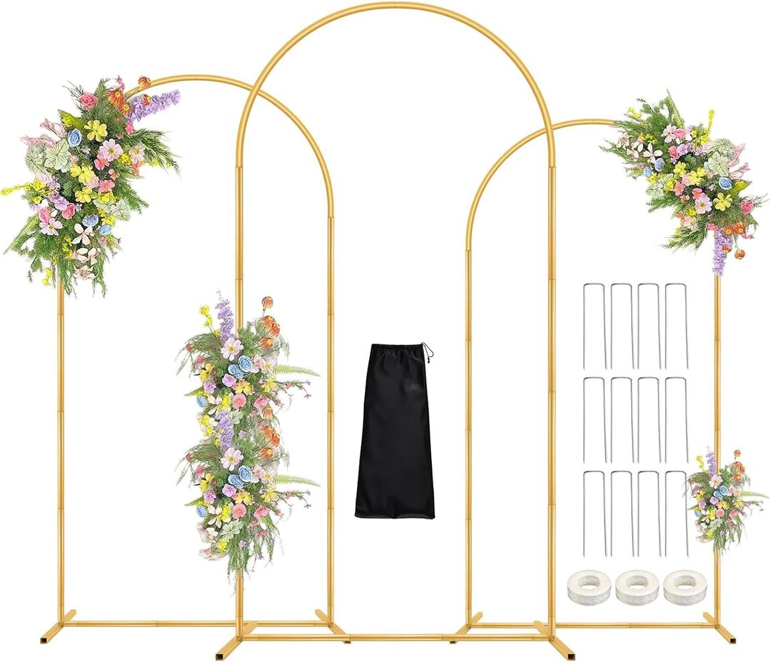 Antizz Arch Backdrop Stand, 7.2FT, 6.6FT, 6FT Set of 3 Metal Gold Balloon Arch Stand Kit Wedding Arch Stand for Baby Shower Birthday Party Event Decoration Garden Floral Balloon Arch with Base