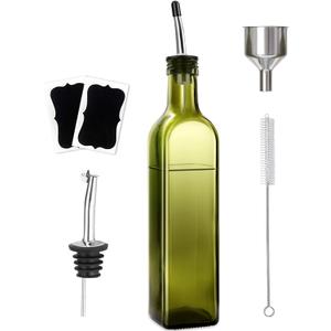 Olive Oil Dispenser Bottle, 1 Pcs Green Glass Olive Oil Dispenser and Vinegar Dispenser Set with 2 Stainless Steel Pourers, 2Labels,1 Brush and 1 Funnel Oil Bottles for Kitchen, 17 oz(500ml)