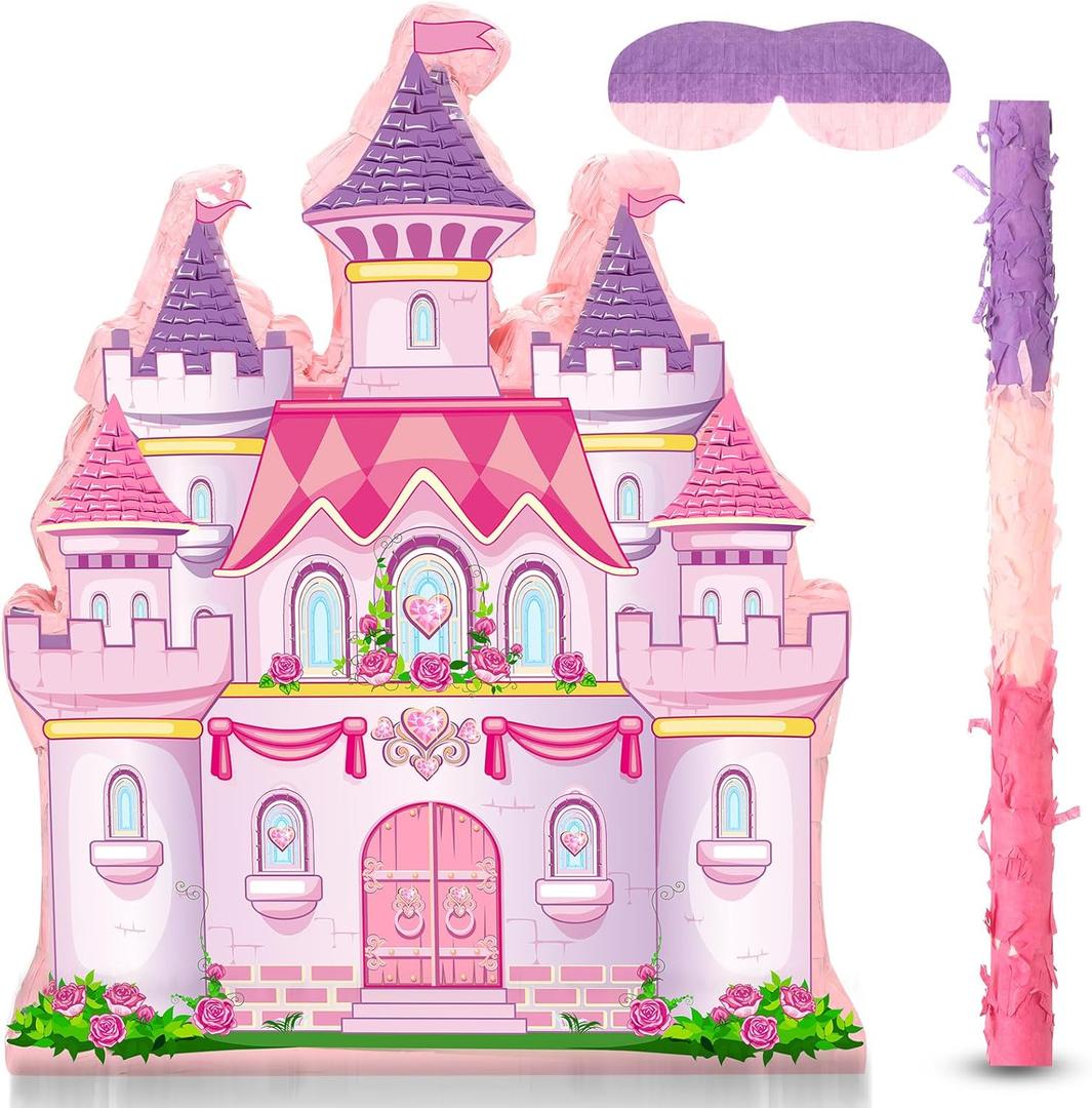 Princess Castle Piata Bundle Girl Princess Party Piata Set Include Pink Castle Piata stick and Blindfold Mask for Princess Theme Birthday Party Supplies Decor, 16.1 x 13.4 x 3.2 Inch