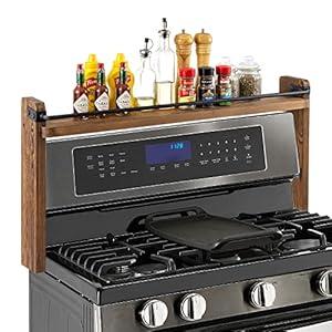 MyGift 33 Inch Stove Top Spice Rack - Deluxe Rustic Burnt Solid Wood and Industrial Black Metal Space Saving Over The Stovetop Range Storage Display Shelf