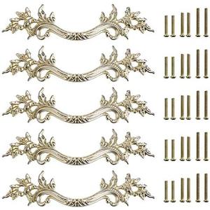 JUXYES Pack of 5 European Style Vintage Cabinet Handles Pulls, Antique Decorative Dresser Drawer Pulls Retro Drawer Pull Handles Knobs for Cupboard Cabinet (Antique Silver)