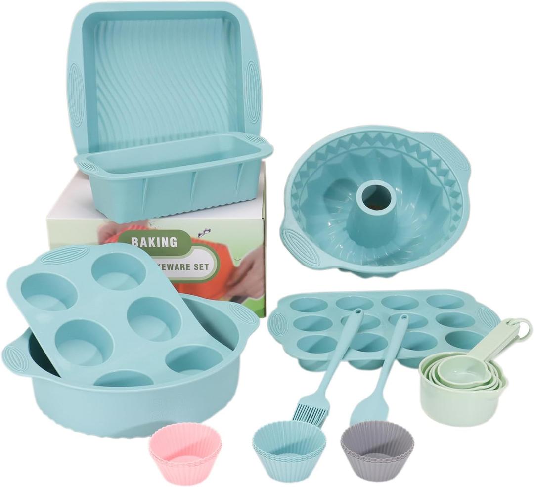 25 PCS Silicone Baking Pans Set, Nonstick Bakeware Sets with Round/Square Cake Pans, Muffin Pan, Baking Cups and Spoons for Bread, Cupcakes and Desserts (01-Blue)