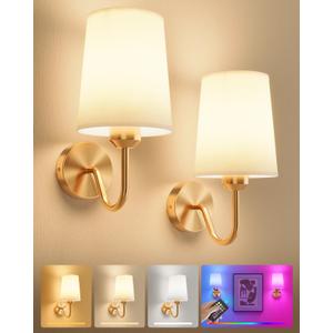 Ouyulong Battery Operated Wall Sconces Set of 2, Wireless Rechargeable Dimmable Wall Light with RGB Bulb and Remote for Bedroom, Living Room, Hallway (Gold)