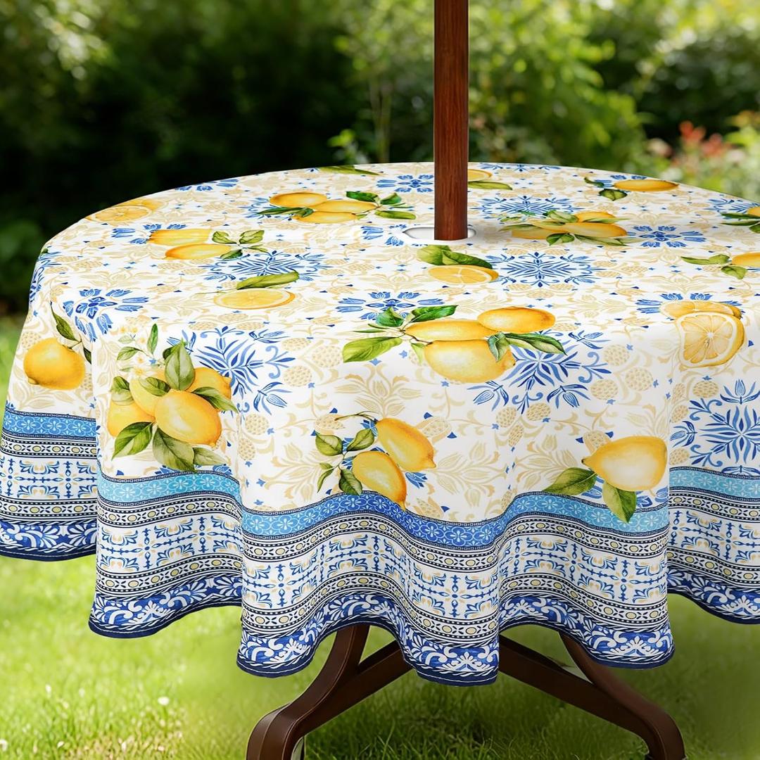 Outdoor Tablecloth with Umbrella Hole and Zipper, Lemon Waterproof Patio Table Covers, Round 60" x 60"