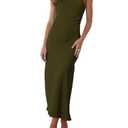 Halfisland Summer Satin High Neck Backless Sleeveless Midi Dresses for Women Elegant Mock Neck High Waist Cross Back Cocktail Dress Olive, Size Small
