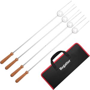 Heavy Duty Hot Dog Roasting Sticks for Campfire, Extendable Marshmallow Sticks for Fire Pit, 32" Long Smores Sticks, Stainless Steel Skewers for Hotdogs and Smores, Beech Wood Handle, 4 Pack