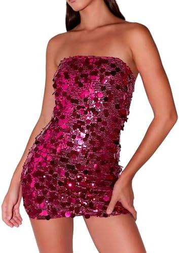 YYA Women's Strapless Dress Sequin Strappy Bodycon Party Dress Sparkly Glitter Ruched Party Club Dress, Size L