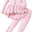 Kid Toddler Girl Clothes Solid Color Ruffle Sleeve Top Floral Pants 2PC Fall Winter Girls Outfits Clothing Set 2-6Y (Pink)