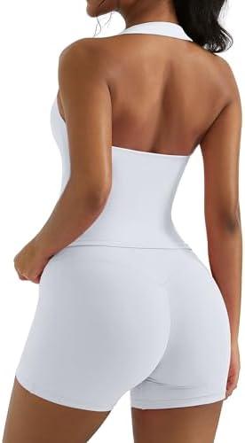 OMKAGI 2 Piece Workout Sets for Women Halter Sports Bra Tank Gym Biker Shorts Outfits M
