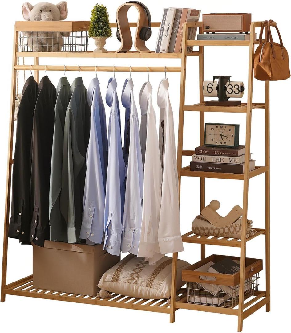 Baveke Bamboo Clothing Garment Rack Frame Made of FSC-Certified Bamboo, 7 Tier Storage Shelf Coat Clothes Hanging Rack, Portable Wardrobe Closet Organizer, Shoe Storage Shelves for Bedroom, Natural