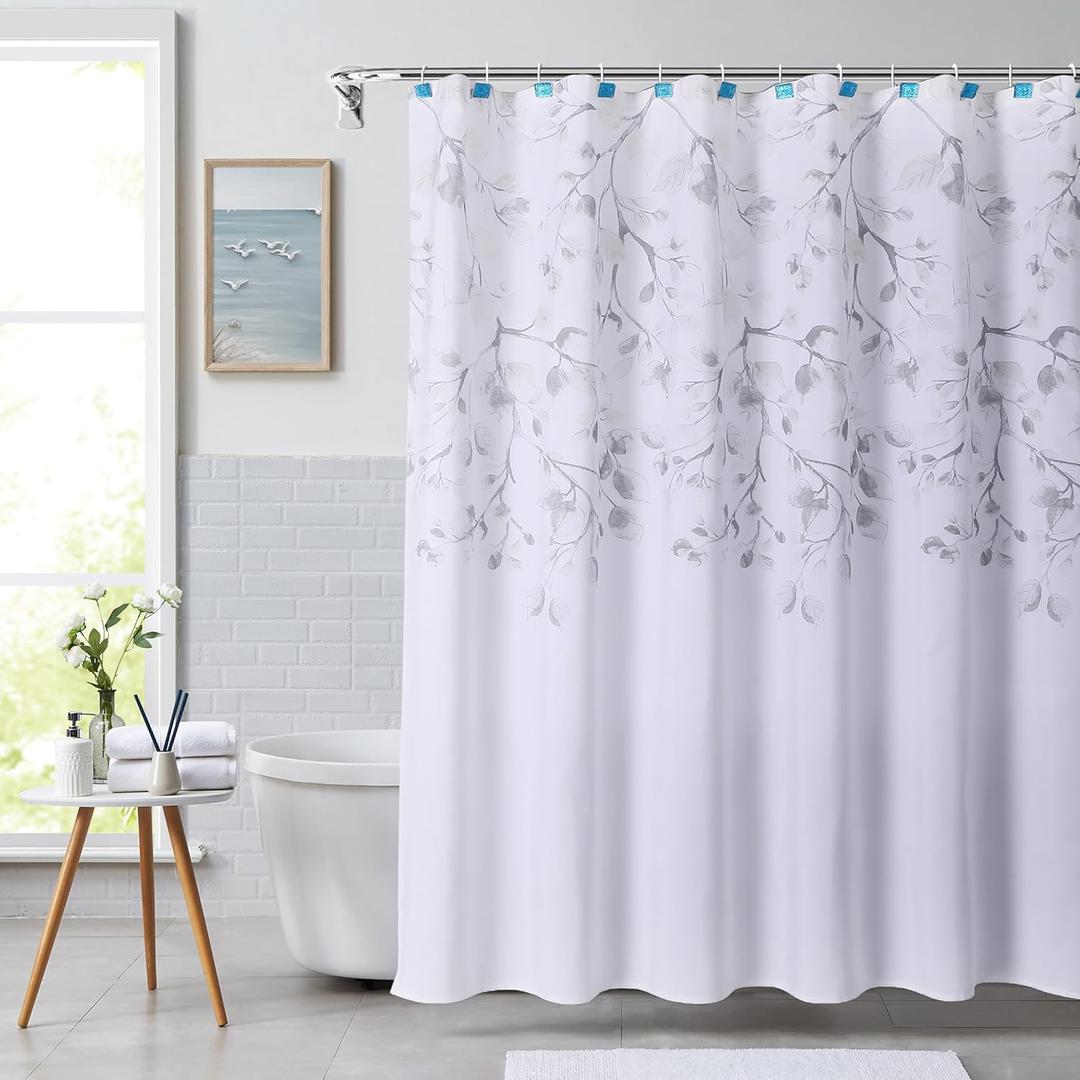 Central Park Gray Tan Leaf Shower Curtain Water Resistant Decorative Sweeping Floral Print Canvas Bathroom Spa Hotel Shower Curtain with Buttonholes (White, 70"x72")