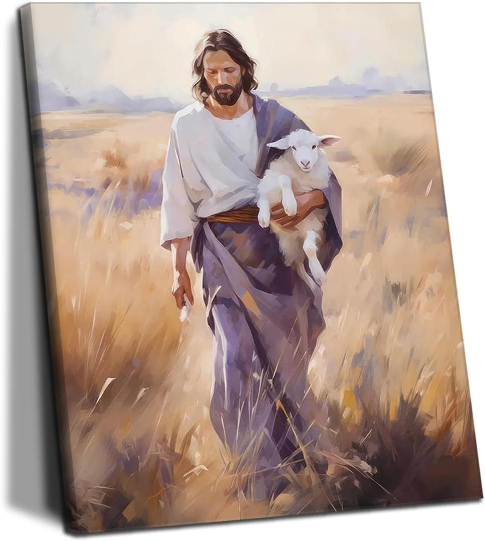 Yaneiro Christian Canvas Wall Art Jesus and Lamb Print Posters Painting Wall Decor Jesus Wall Art for Living Room, Bedroom, Prayer Room or Office, Framed 12x16 inch Set of 2 (12x16in, Jesus Canvas)