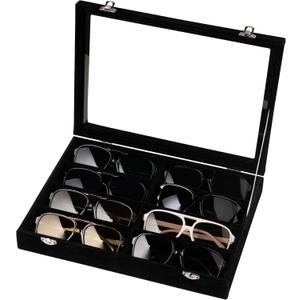 Frebeauty Sunglass Organizer, Velvet Glasses Organizer,8-Slot Sunglasses Tray with Clear Lid, Men's/Women's Sunglasses Box, Sunglass Case,13.3 x 9.6 x 2.2 Inches, Eyeglass/Eyewear Display Tray (Balck) (Black)