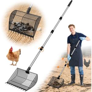 Large Chicken Poop Scooper & Rake 2-in-1, Adjustable 26-69" Stainless Steel Handle, Litter Scooper & Sand Sifting Shovel for Chicken Coop with 2-Shape Sifting Holes (Black)