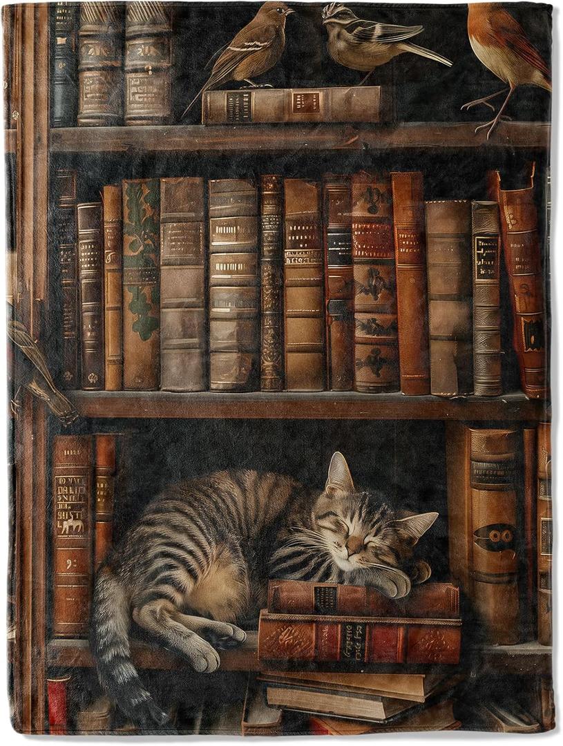 Book Flannel Blanket - Adorable Cat Napping on Bookshelf Throw,Playful Gifts for Adult & Library Lovers, Ultra Soft & Warm,Lightweight, for Couch Bedroom Living Room Modern Decor 50x60in