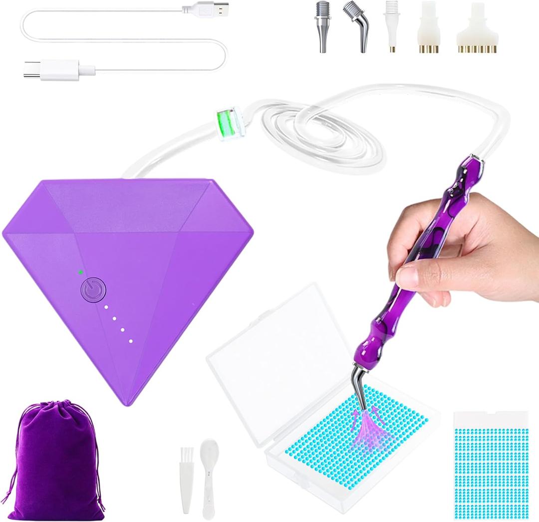 Lanzeyo Rechargeable Electric Diamond Painting Pen Vacuum Diamond Art Pen with Long Endurance Battery Electric Vacuum Pen with Beads Storage Tray for Gem Art Diamond Art Accessories (Purple)