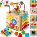 HELLOWOOD Wooden Activity Cube, 8-in-1 Montessori Baby Toys for 1+ Year Old Boys & Girls, Educational Learning Toys for Toddlers Age 1-2, 1st Birthday Gift | Bonus Sorting & Stacking Board