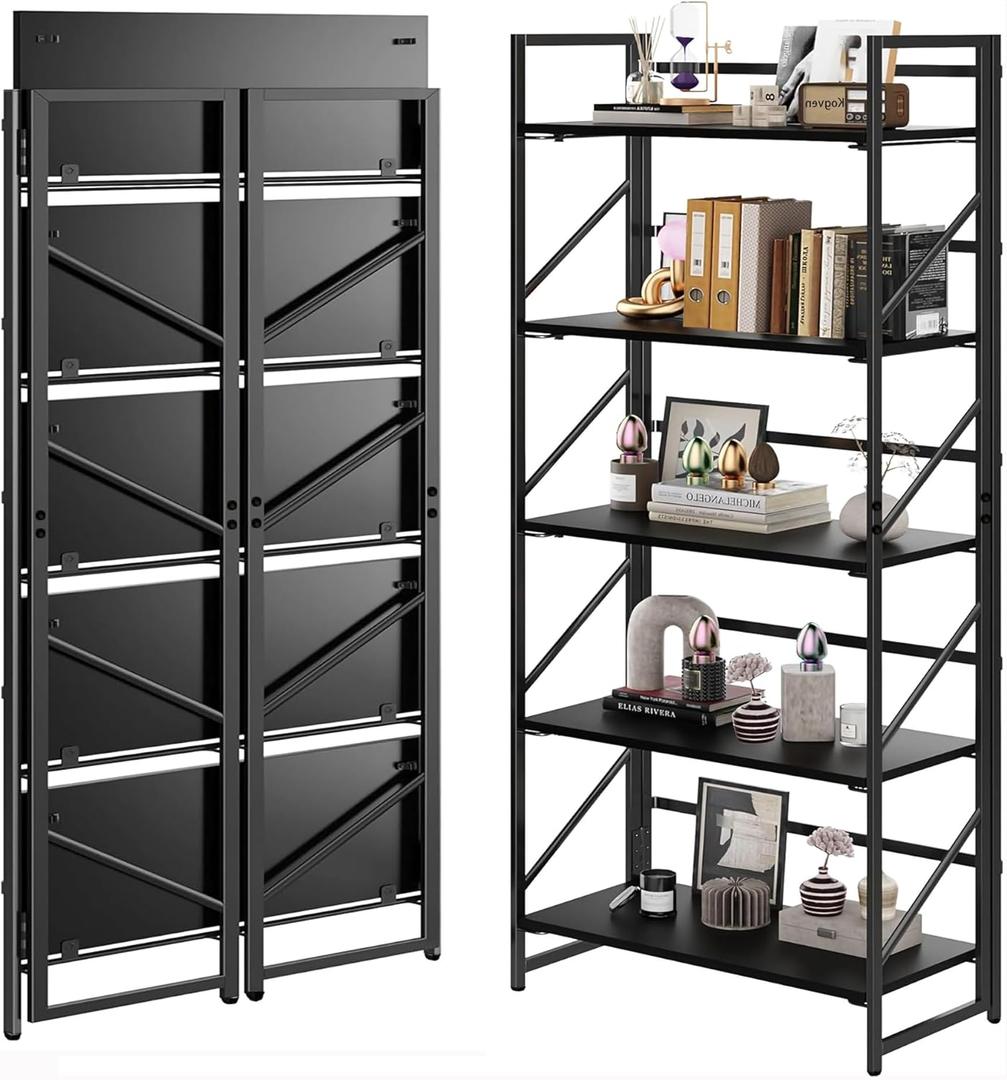 Folding Bookshelf, 2-in-1 Convertible Design, Multifunctional Plant Stand Storage Rack Shelves for Home Office, Easy Assembly, 5-Tier, Black