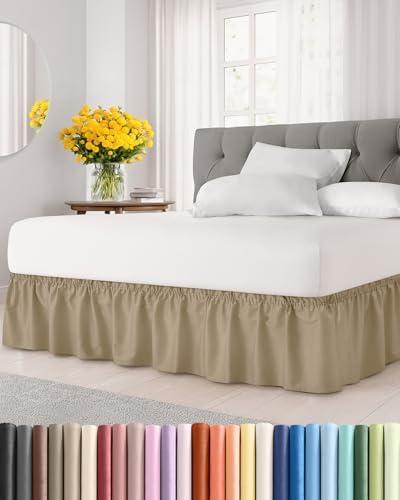 Wrap Around Dust Ruffle Bed Skirt - Beige - for Queen Size Beds w/ 14 Inch Drop - Easy Fit Elastic Strap - Adjustable Pleated Bedskirt w/Brushed Fabric, Wrinkle & Fade Free Women, Men, Kids & Teens