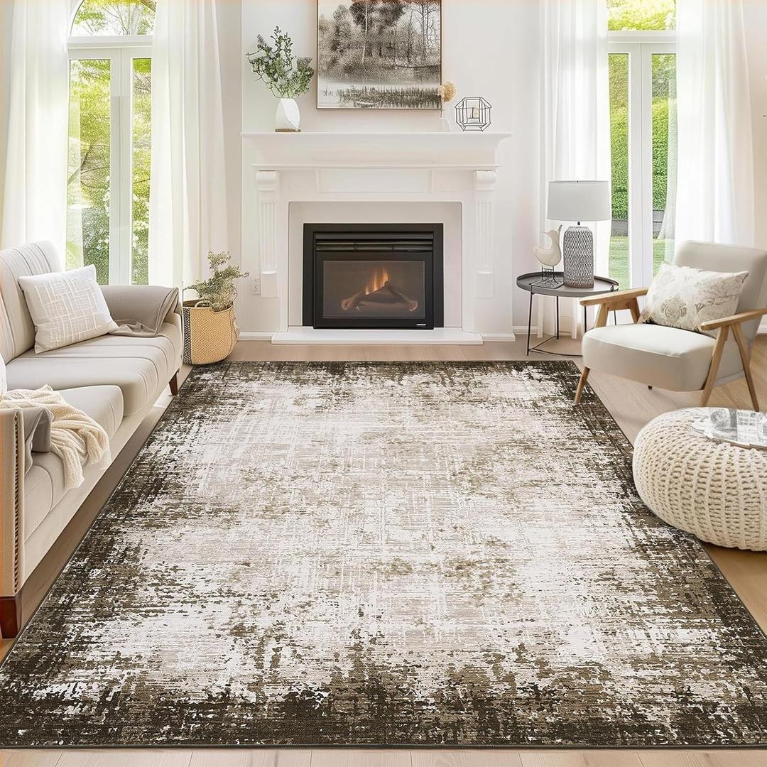 Large 6x9 Area Rugs for Living Room, Modern Bordered Abstract Washable Bedroom Rug Soft Non-Slip Low Pile Boho Area Rug Throw Carpet for Dining Room Home, Brown