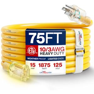 75ft Outdoor/Indoor Extension Cord 10/3 Gauge Ultra Heavy Duty 3 Prong SJTW, Waterproof, ETL Listed, Flexible Cold-Resistant Long Power Cord,15A 125V 1875W, Yellow by LifeSupplyUSA